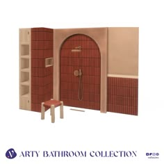 an arty bathroom collection is shown with red tiles on the walls and shelves, along with a small stool