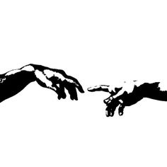 black and white photograph of hands touching each other with the creation of man's hand