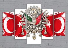 the flag of turkey on a white brick wall with an ornate coat of arms and two medallions