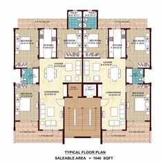 the upper ground floor plan for an apartment building with four bedroom and two bathroom areas