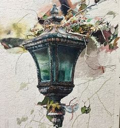 a painting of a street light with flowers on it's top and leaves all over the bottom