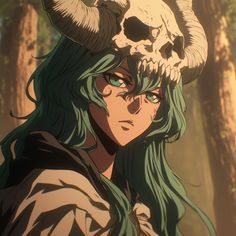 an anime character with long hair and horns on her head in front of some trees