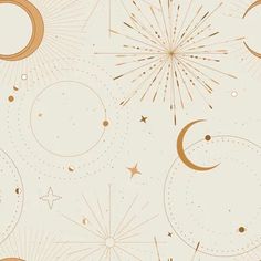 an abstract background with stars, moon and sunbursts in beige colors on a white