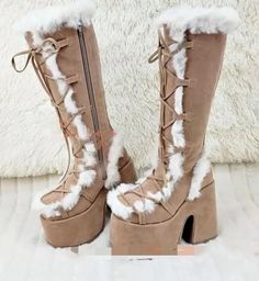 Olivia Mark - Chic High-Heel Platform Evening Faux Fur Knee-High Boots High Heel Platform Boots, Snow Style, Chic High Heels, Goth Shoes, Fur Heels, Rough Heels, Pu Boots, Ideas De Outfits, High Heel Platform