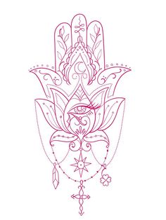 a hamsa hand drawn in red ink with an intricate design on the front and side