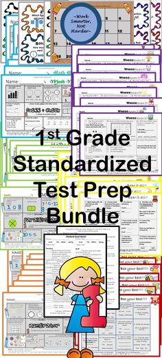 the 1st grade standardized test prep bundle is shown with text and pictures on it