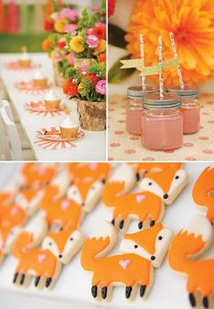 a collage of pictures with orange flowers and decorations on them, including cupcakes in the shape of animals