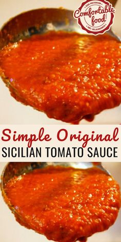 two spoons full of tomato sauce with the words simple original sicilian tomato sauce on them