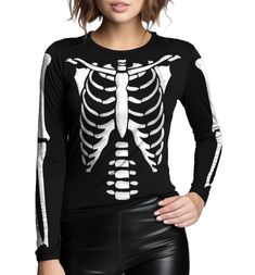 PRICES MAY VARY. HAPPY HALLOWEEN: No tricks, just treats! Ideal for handing out candy or haunting Halloween parties, this comfy shirt keeps the spirit alive. Celebrate halloween with this eerie addition to your October wardrobe. Spook-tacular all month long SOFT FABRICS: Our Skeleton Rib cage shirts feature a high-quality 100% eco-friendly cotton blend, ringspun for a soft, smooth feel with mid-weight durability and comfort. womenS SKELETON SHIRT - This black Halloween shirt features a skeleton Halloween Costumes Shirts, Skeleton Shirt Outfit, October Wardrobe, Chic Costume, Shirts For Women Casual, Skeleton Rib Cage, Women Skeleton, Funny Skeleton, Skull Pattern