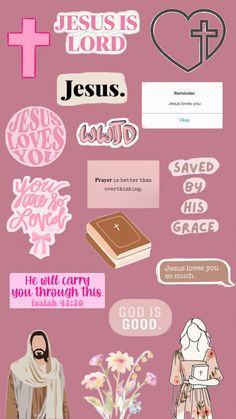 stickers that say jesus is lord and the words jesus loves him are in pink