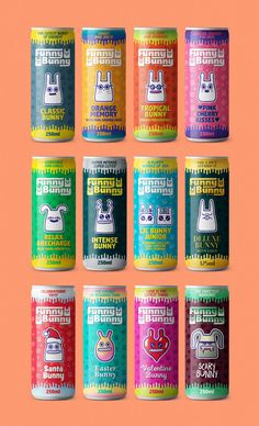 six cans of various flavored beverages on an orange background, each with different designs