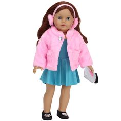 a doll wearing a pink fur coat and blue dress holding a white purse with her hand