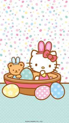 hello kitty wallpaper with an easter egg and teddy bear in a basket on the floor