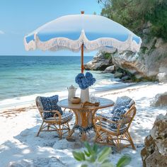 a table with chairs and an umbrella on the beach