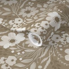 a floral wallpaper with white flowers and leaves on brown background is featured in this image