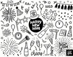 new year's eve doodles with fireworks and confetti on white background