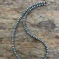 Sterling Silver Turquoise Bead Necklace. 22 Inch Western Style Turquoise Round Beads Jewelry, Turquoise Western Style Round Beads Jewelry, Western Turquoise Round Beads Jewelry, Turquoise Western Jewelry With Round Beads, Western Turquoise Beaded Necklace With Round Beads, Sterling Silver Beaded Blue Turquoise Necklace, Navajo Pearl Necklace, Adjustable Turquoise Hand-strung Beaded Necklace, Nickel-free Blue Turquoise Necklace With Round Beads