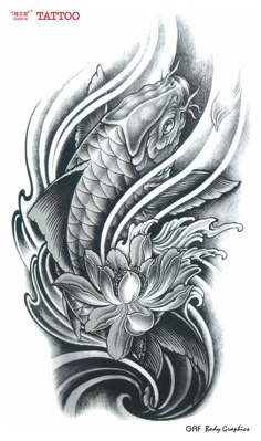 a black and white drawing of a koi fish with water lilies on it