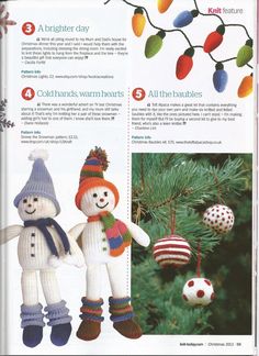 an advertisement for knitted christmas ornaments featuring two snowmen