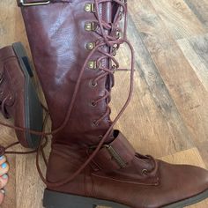 Cute, Tall Lace Up Brown Boots Size 8. New Without Tags Aviator Boots, Brown Rain Boots, Sherling Boots, Leather Street Style, Women's Lace Up Boots, Apple Jack, Adventure Boots, Rain Boots Women, Tall Brown Boots