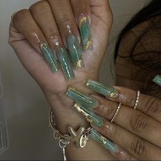 Green marble nails with gold flakes💚 - Long gel nails   Follow and view my other pins for more inspo ✨ Emerald Jade Nails, Red Jade Nails, Jade Green And Gold Nails, Jade Green Nails With Gold, Jade Green Nail Designs, Green Gold And Black Nails, Sage Green Marble Nails, Jade And Gold Nails, Jade Nails With Gold