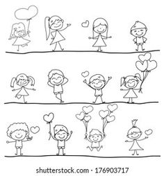 cartoon kids with balloons and hearts on the same line, black and white outline drawing