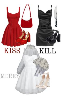 four different types of dresses and shoes with the words kiss kill merry written on them