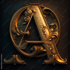 an ornate gold letter on a black background