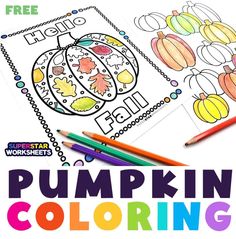 a coloring page with pumpkins and leaves on it for kids to learn how to color