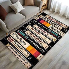 a living room area rug with various types of signs on it