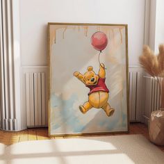 a painting of winnie the pooh flying with a red balloon in it's hand