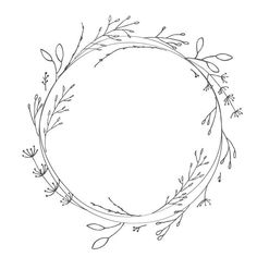 a circular frame with branches and leaves around it, drawn in black ink on white paper