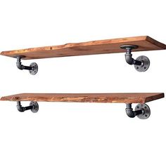 two wooden shelves with metal fittings on them