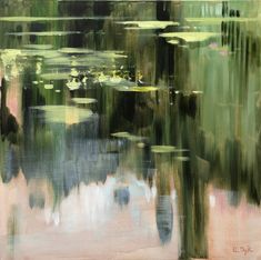 an abstract painting of water lilies and trees