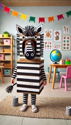 a cardboard zebra standing on top of a rug