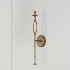 a wall mounted light with a candle on it's side in a white room