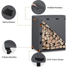 the instructions for how to use a firewood log holder in an outdoor area with wood and