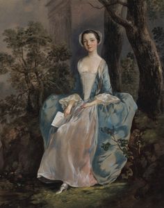 a painting of a woman in a blue dress sitting on a tree stump with a building in the background