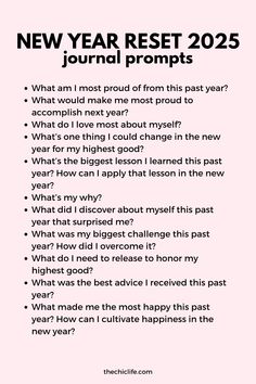 Use this checklist of New Year Reset 2025 Journal prompts to get clear on your goals, intentions, and priorities for living your best life in the new year. Journaling is great for managing stress, releasing negative thoughts, fostering a positive mindset, and creating the life of your dreams! Get your favorite pens and a cup of coffee and have a fun journaling session. New Year Checklist Life, Journaling Prompts To Know Yourself, Good Things To Journal About, Planning For A New Year, Journaling For New Year, Goals For 2025 Journal, Plan For New Year, Things To Do Productive, Journaling For The New Year