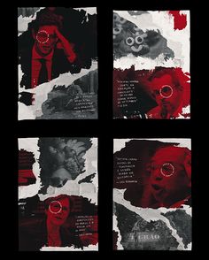 four different images with red and black paint on the same piece of paper, one has an image of a man's face