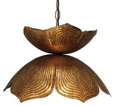 a gold colored chandelier hanging from a metal rod with an intricate leaf design