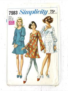 two women's dresses and one woman's blouse sewing pattern from the 1970s