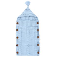 a blue knitted sweater with buttons on the front and back, it has a pom - pom at the top