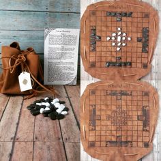 two pieces of leather sitting on top of a wooden floor next to a bag with buttons