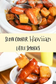 slow cooker hawaiian little smokies recipe with pineapples in the background