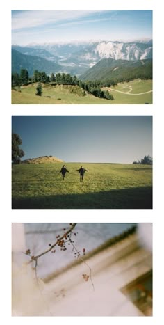 three different shots of the same field with mountains in the background