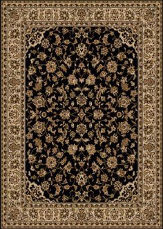 a black and beige rug with an ornate design