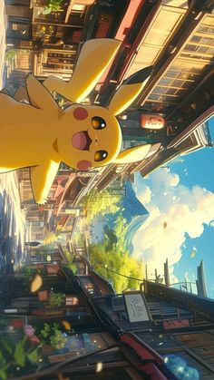 pikachu flying through the air in front of buildings