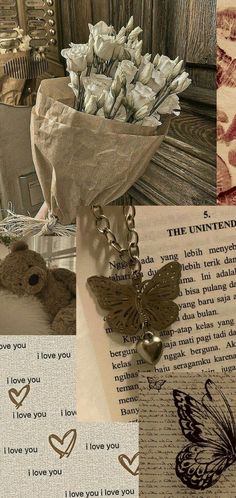 a collage of pictures with flowers, hearts, and an old fashioned teddy bear