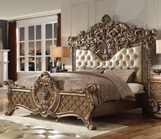 Seraphine Antique Gold & Perfect Brown Eastern King Bed  / HD-8018 - Ornate Home Traditional Bedroom Sets, Victorian Queen, California King Size Bed, Sleigh Bedroom Set, Eastern King Bed, Set Meja Makan, New Classic Furniture, Cal King Bedding, Queen Panel Beds